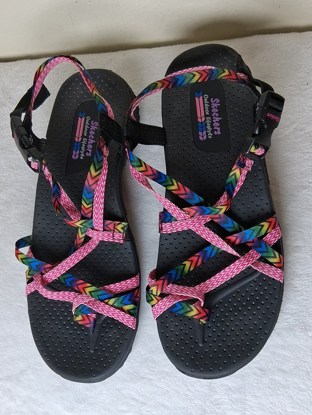 Skechers Black Sandals with Pink and Rainbow Straps